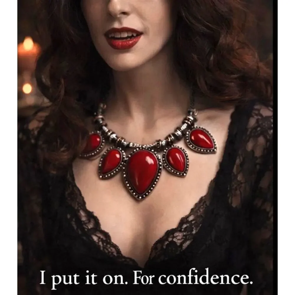 Whimsy Goth Red Statement Necklace, Gothic Bib, Snake Chain,Vampirecore Jewelry